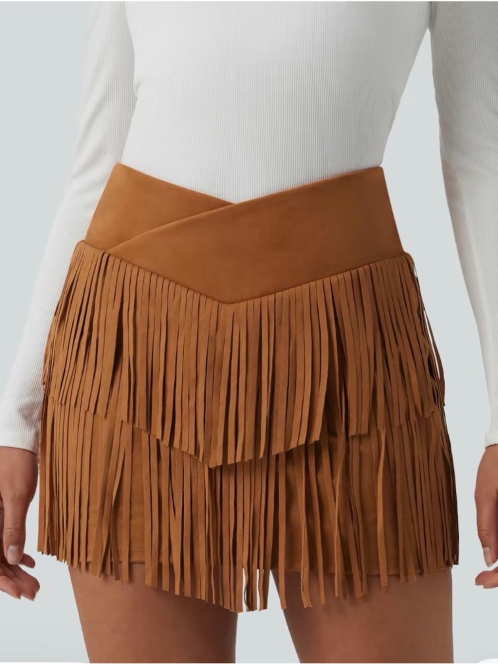 HALARA Tan Suede V-Waist Fringe Mini Skirt